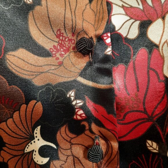 Vintage 90s Satin Blouse Button Up L Black Red Brown Floral Boho Whimsygoth - Picture 2 of 7